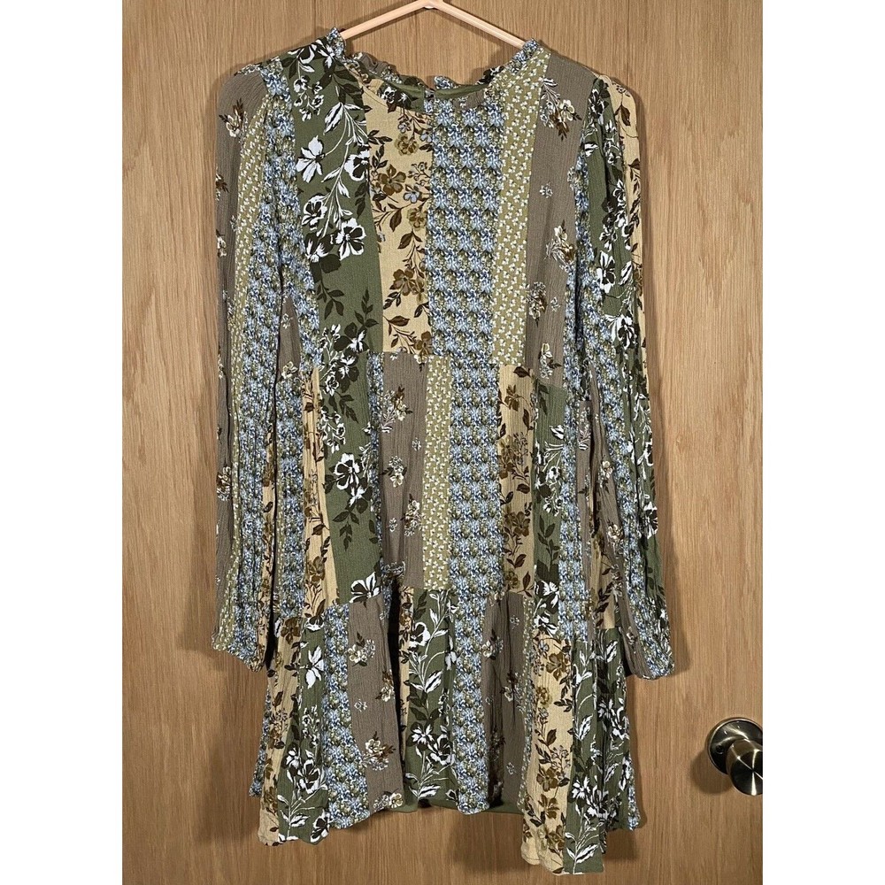 Women's Sm Patchwork Long Sleeve Dress Pullover Mixed Print Tiered CottageCore